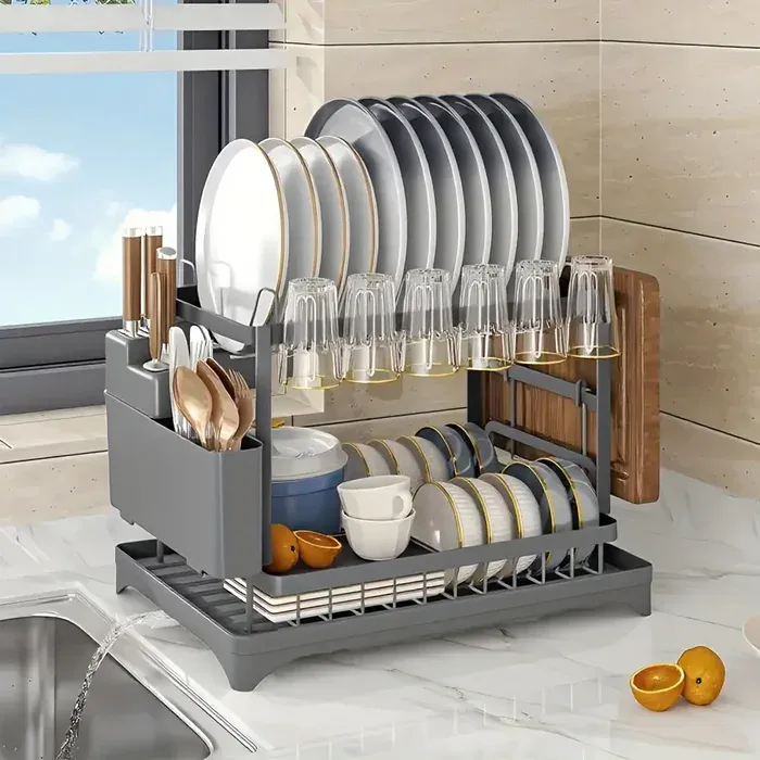 6ef9d553-14f6-462a-a20d-96d57bf3ffd6 Two-Tier Dish Drying Rack for Dish Drying & Draining with Metal Frame and Drainboard – main image