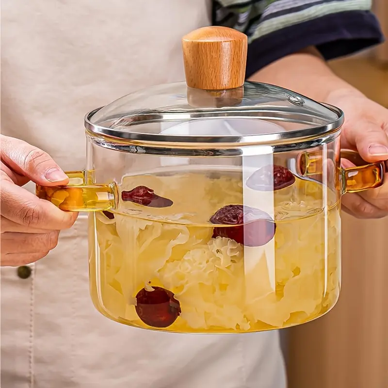 Borosilicate Glass Cooking Pot for Simmering & Serving with Yellow Handle – description image 2
