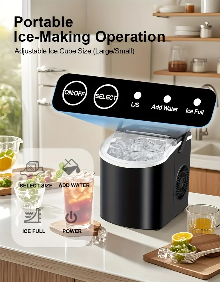 Portable Ice Maker for Making Ice Cubes with Carry Handle and Removable Basket – description image 2