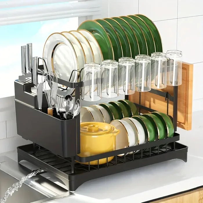 Two-Tier Dish Drying Rack for Dish Drying & Draining with Metal Frame and Drainboard – description image 1