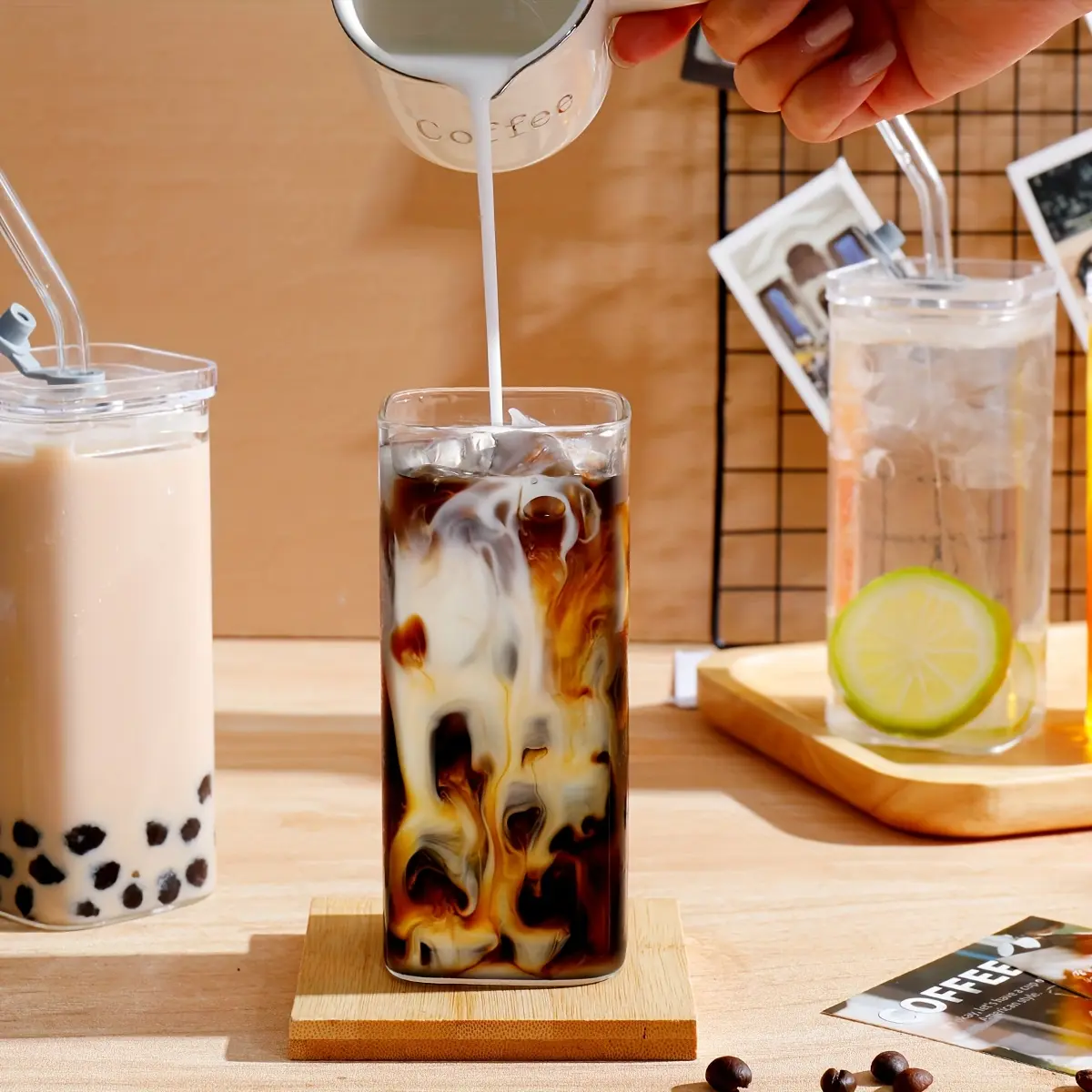 Square Glass Cup with Lid for Drinking Beverages, 13oz – description image 4