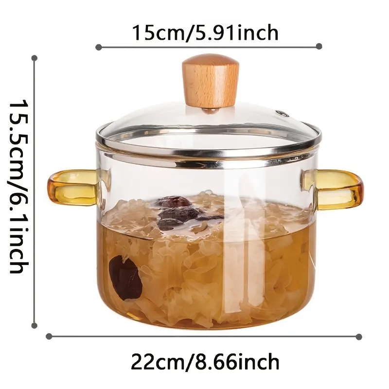 Borosilicate Glass Cooking Pot for Simmering & Serving with Yellow Handle – description image 1