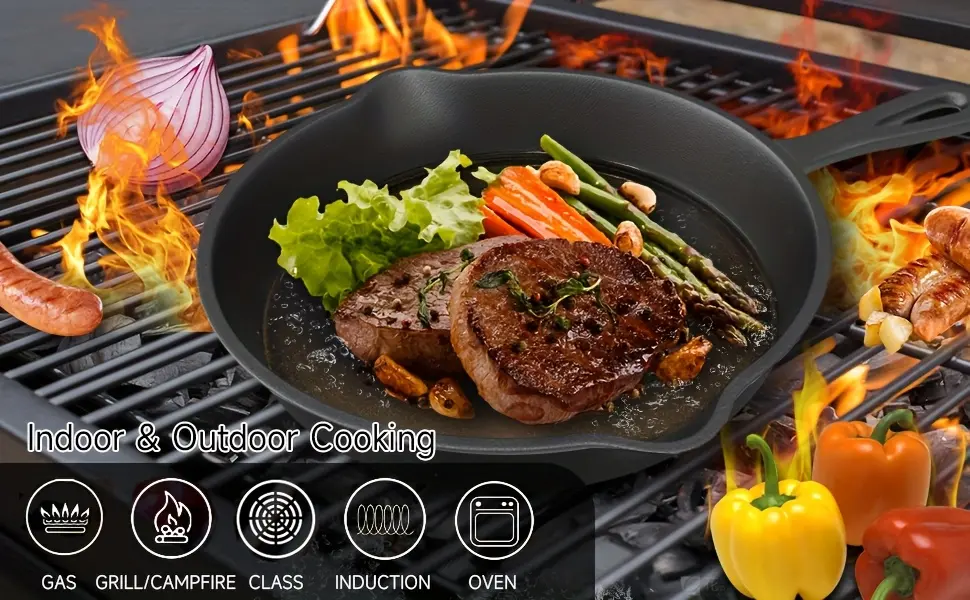 3pcs Cast Iron Skillet for Pan Frying & Searing, Drip Spout Design – description image 6