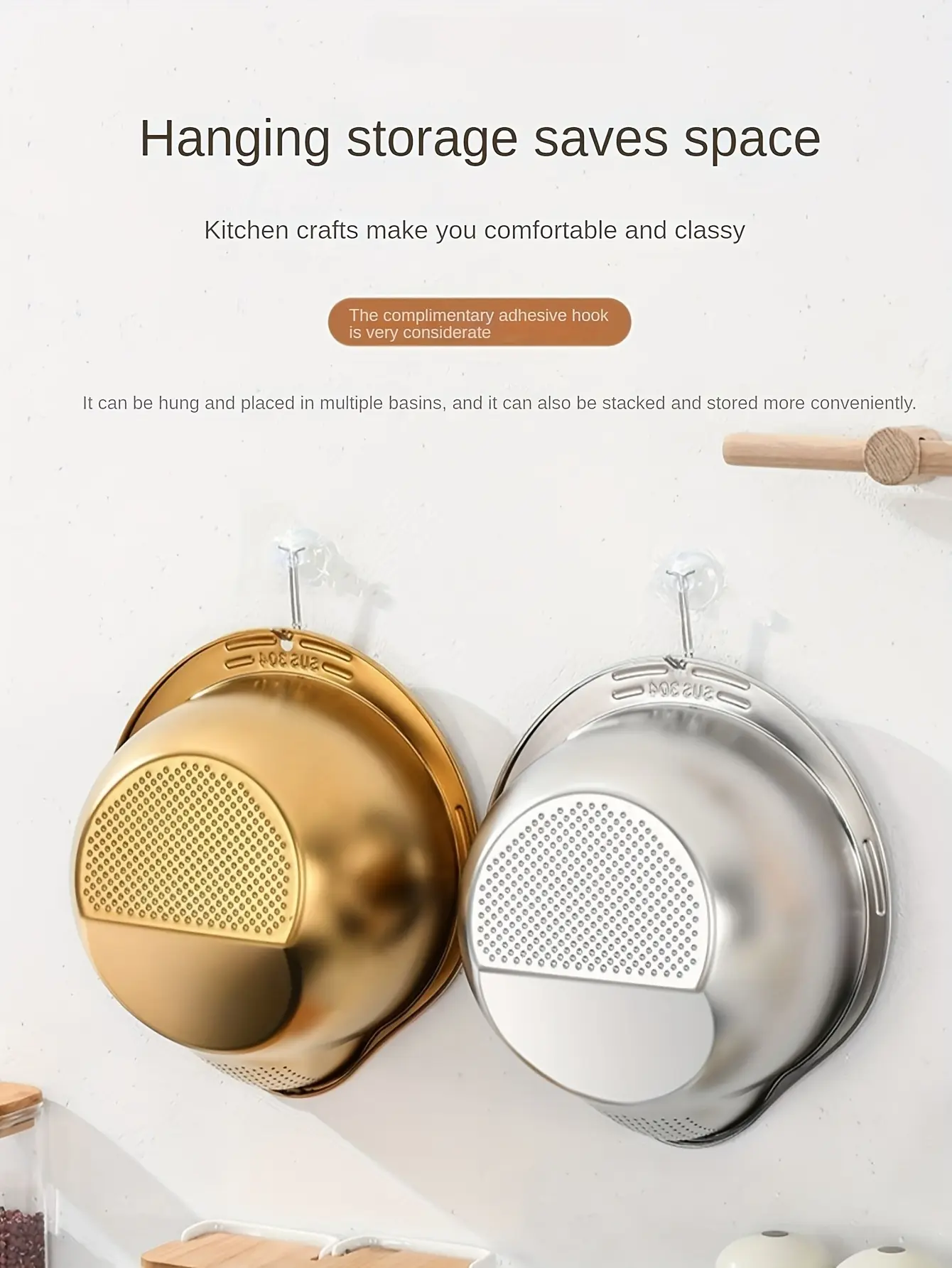 Stainless Steel Colander for Draining & Rinsing, Extra Large 5.5QT Strainer Basket – description image 3