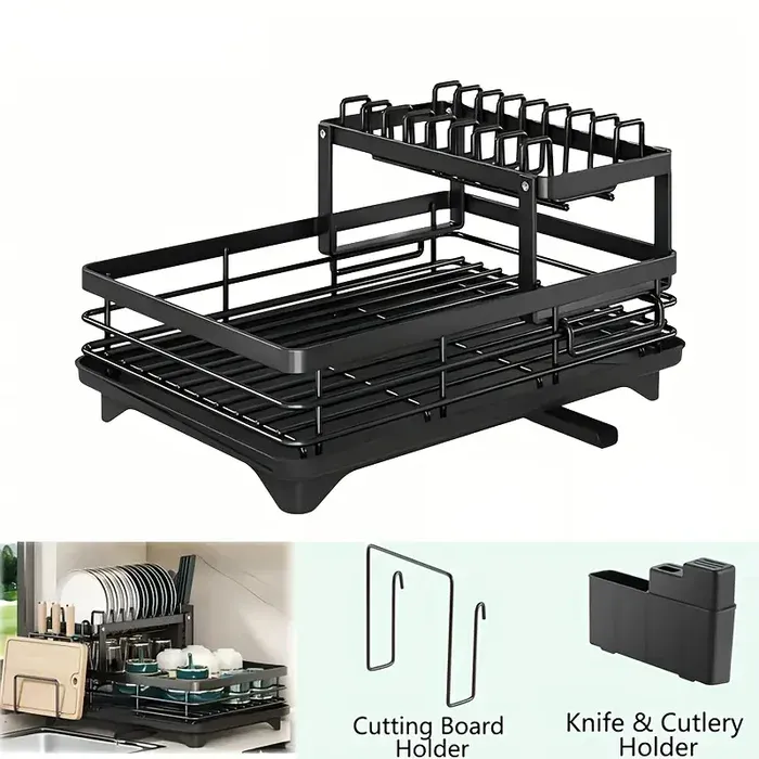 Two-Tier Dish Drying Rack for Drying Dishes & Utensils with Drainboard and Removable Holders – description image 1