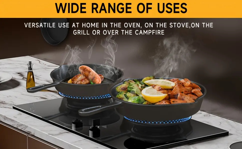 3pcs Cast Iron Skillet for Pan Frying & Searing, Drip Spout Design – description image 2