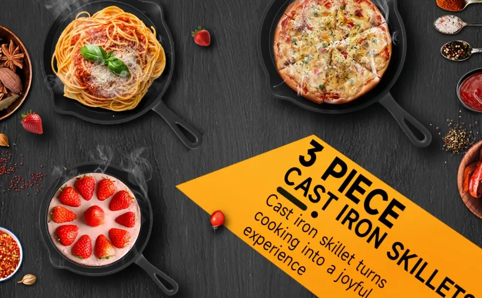3pcs Cast Iron Skillet for Pan Frying & Searing, Drip Spout Design – description image 1