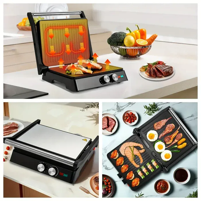 3-in-1 Electric Indoor Grill for Grilling & Pressing with 180-Degree Opening and Non-Stick Plates – description image 4