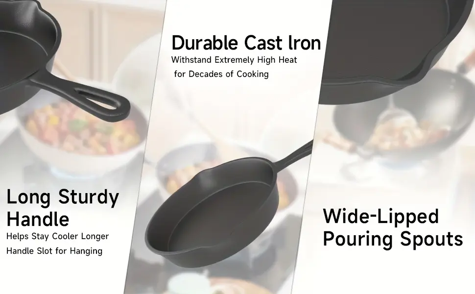 3pcs Cast Iron Skillet for Pan Frying & Searing, Drip Spout Design – description image 7