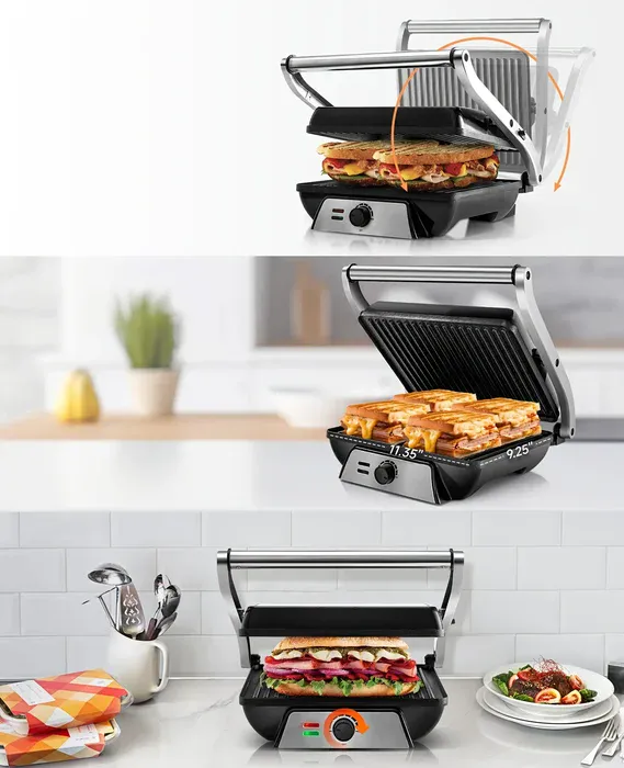 3-in-1 Electric Indoor Grill for Grilling & Pressing with 180-Degree Opening and Non-Stick Plates – description image 3