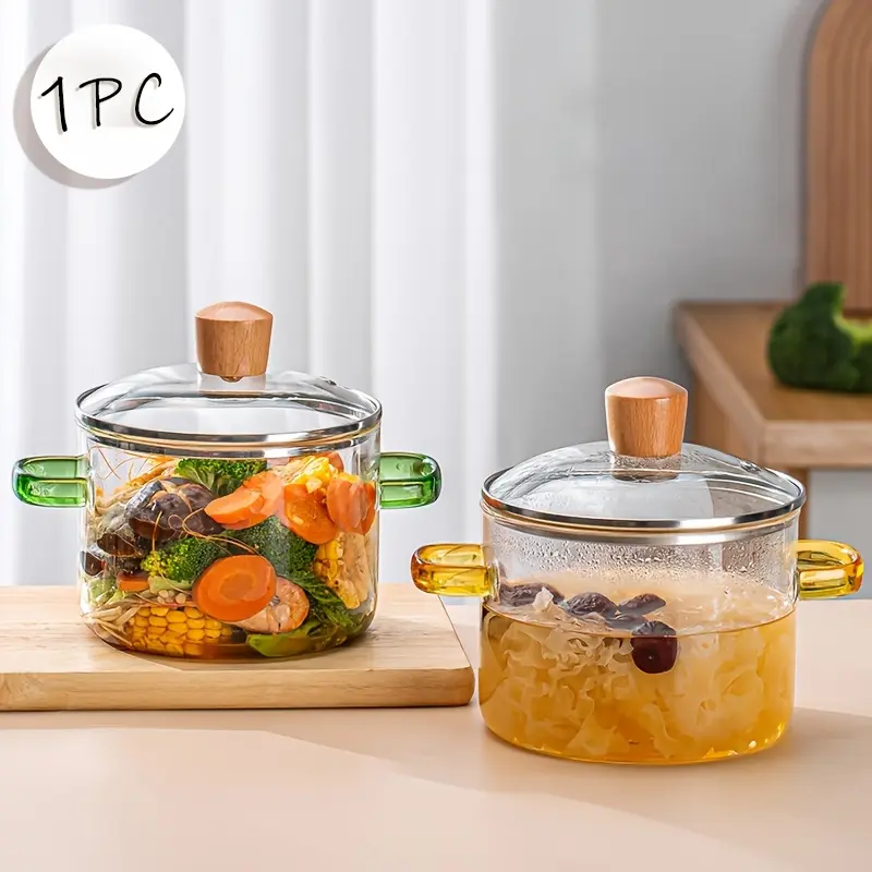 Borosilicate Glass Cooking Pot for Simmering & Serving with Yellow Handle – description image 4