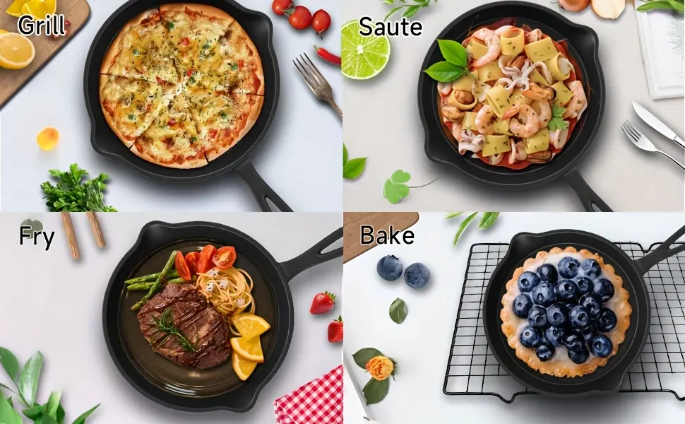 3pcs Cast Iron Skillet for Pan Frying & Searing, Drip Spout Design – description image 5