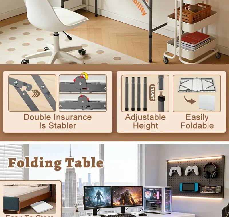 Folding Utility Table for Portable Work & Serving with Carry Handle and Adjustable Height – description image 4